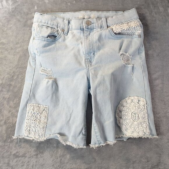 Jordache Girl Kidcore Bermuda JeanShorts 14 Light Wash‎ Distressed Lace Casual - Picture 1 of 11